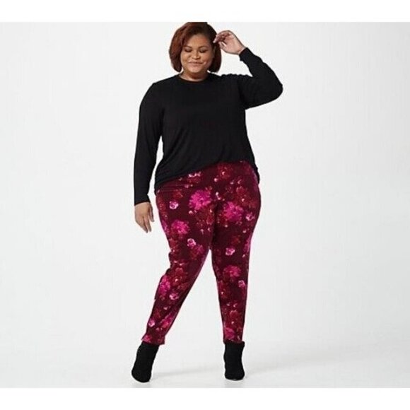 Isaac Mizrahi Live! Petite Floral Printed Velvet Stirrup Pants Sangria Petite 10 - Picture 1 of 3